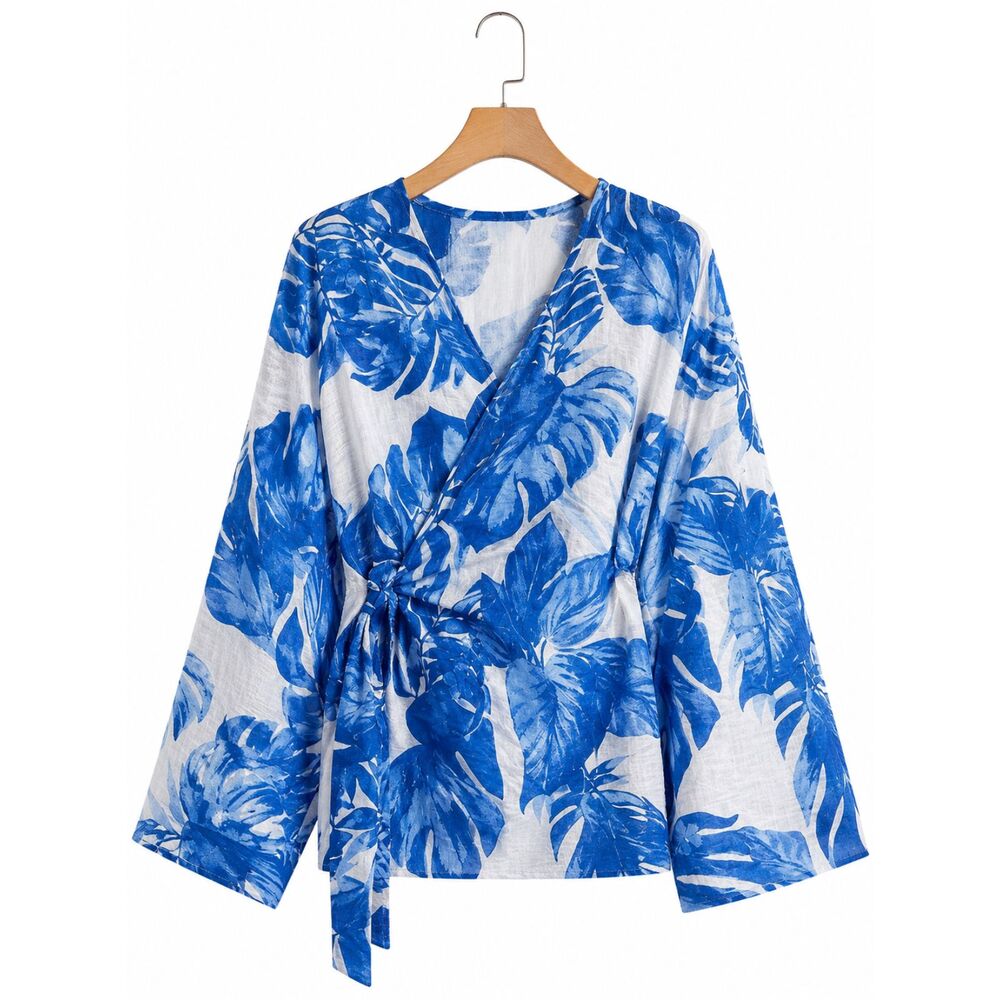 New GIGIO S 4 6 Blue White Tropical Leaves Collared Wrap Long Tunic Top Cruise